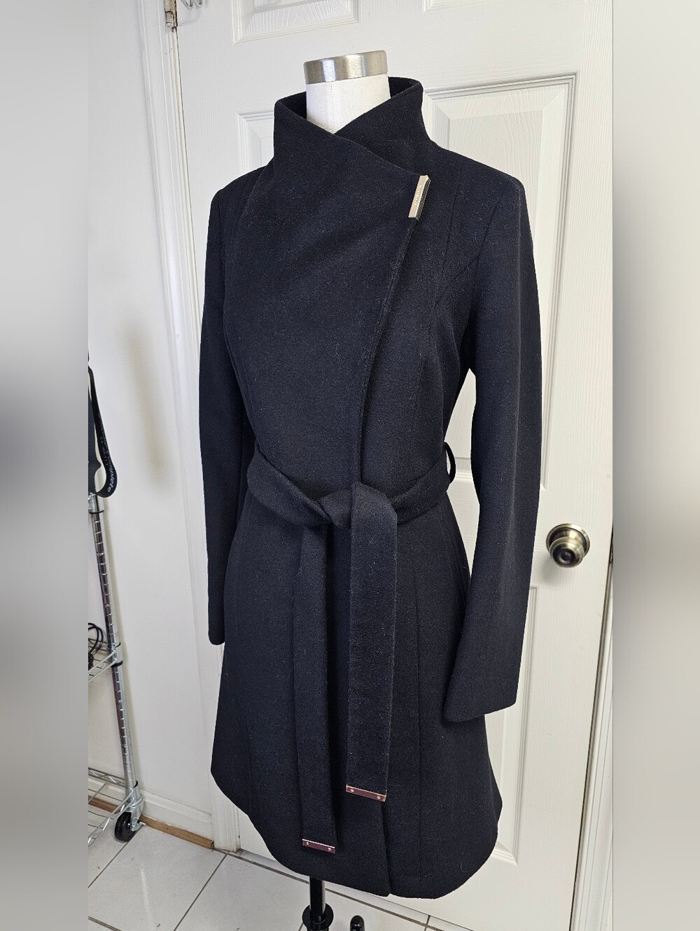 Michael Kors Black Women's Asymmetrical Belted Wool Coat, US X-Small - Picture 3 of 12